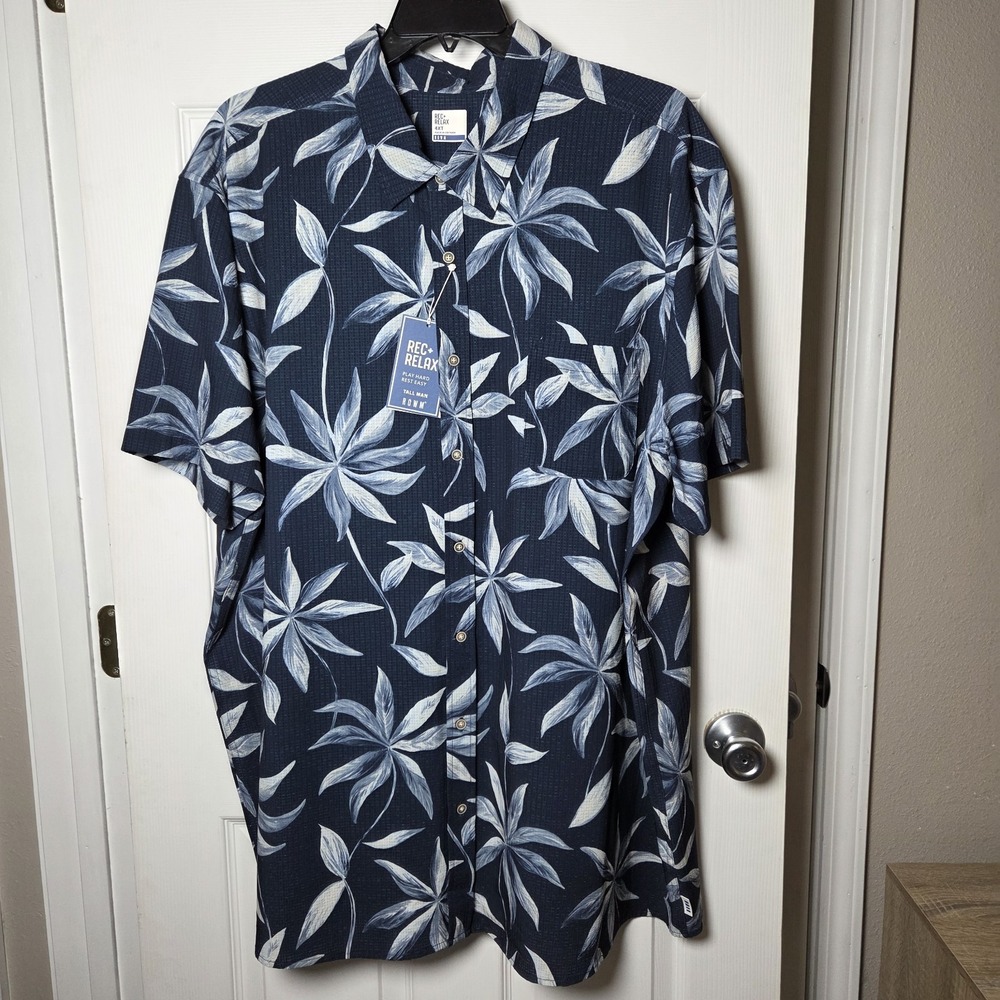 ROWM Rec+Relax Shirt 4XT Blue Floral Short Slv Stretch Button Down NWT vacation
